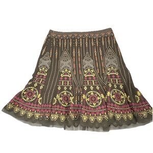 Elie Tahari,‎ Native American Pink Yellow Embroidery  Silk Lined Skirt Size 2